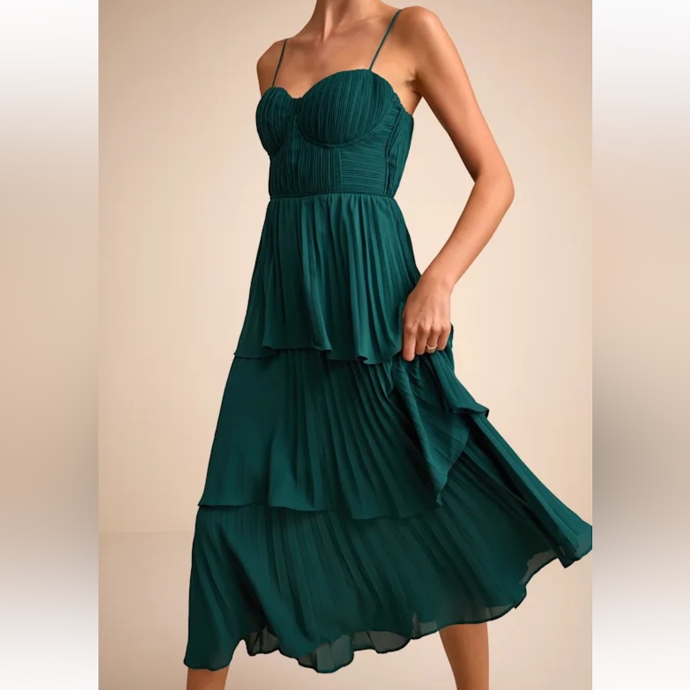 Lulus Cascading Crush Emerald Tiered Bustier Midi Dress - Picture 3 of 9